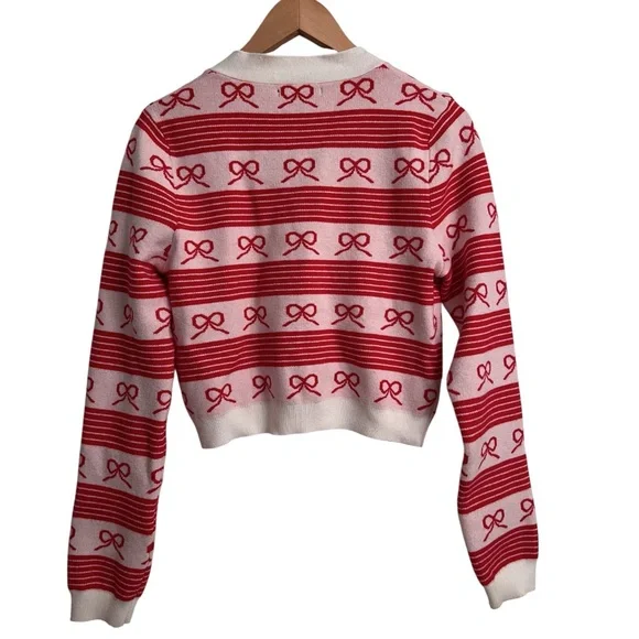 Forever 21 Coquette Striped Bow Ivory Red Knit Cardigan Sweater Size Medium - Picture 6 of 8